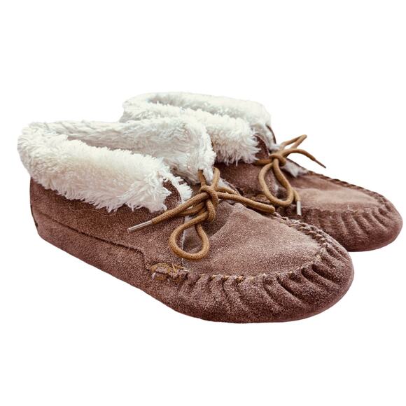 Moccassin Slippers Women Size 7‎ Suede w/ Sherpa Lined Booties Tan Ankle Booties - Picture 9 of 13